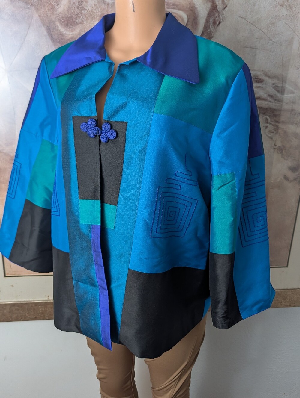 Vintage Alexandria 100% Thai Silk Colorblock Blouse/Jacket Teal Frog Closur Sz L